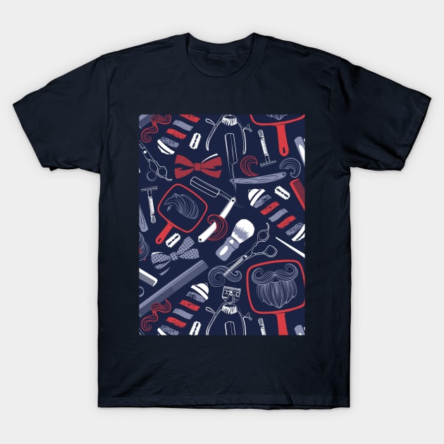 Shear shave shine // pattern // midnight blue background red white and blue vintage barber shop tools T-Shirt by SelmaCardoso